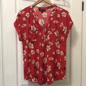 Red Mandarin Collar floral Blouse with Cuffed Sleeves